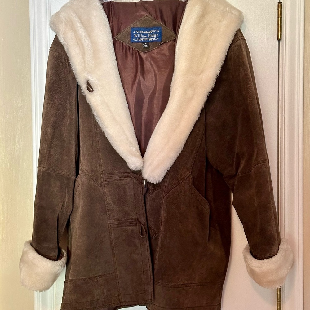 Willow Ridge Brown Leather Suede Teddy Jacket with Cream Faux Fur